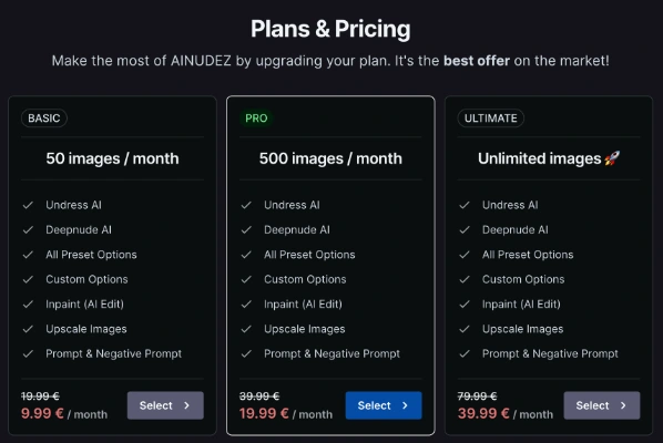 AiNudez pricing plans comparison – Basic vs. Pro vs. Ultimate with features